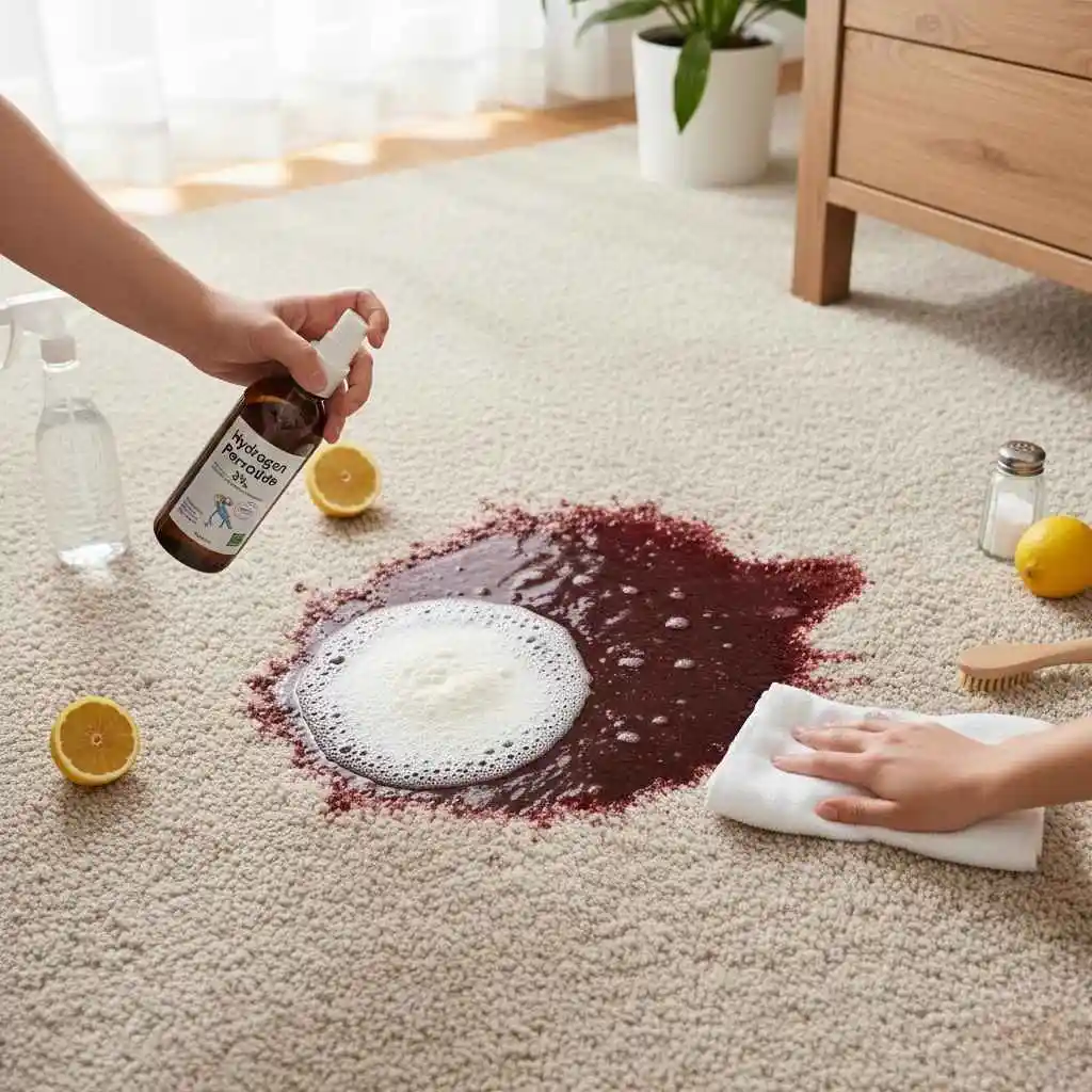 Hand holding a small bottle of hydrogen peroxide near the carpet.
