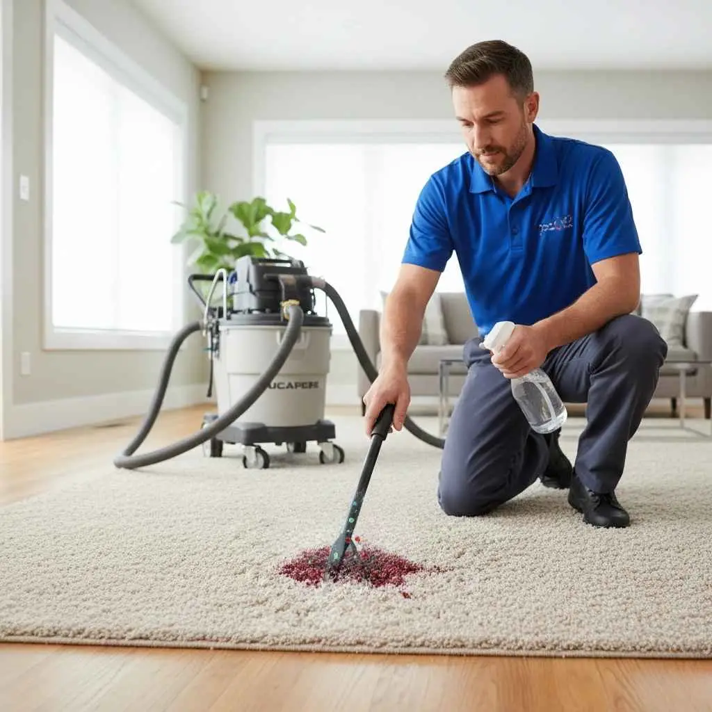 Professional carpet cleaner treating a stained area in a Peninsula home