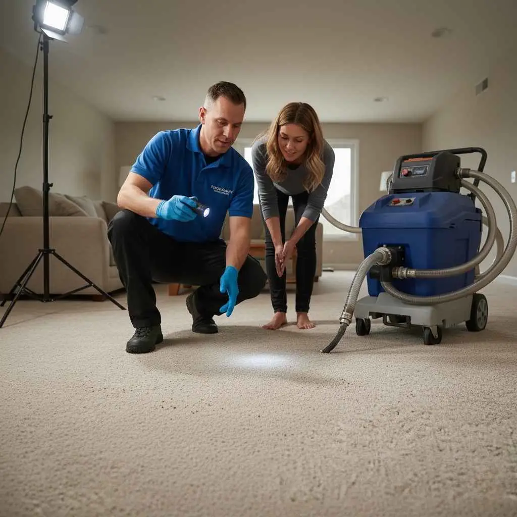 Technician inspecting carpet with customer.