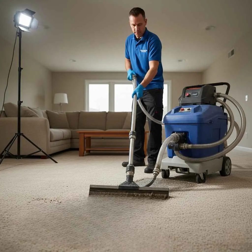 Technician using professional carpet extractor.