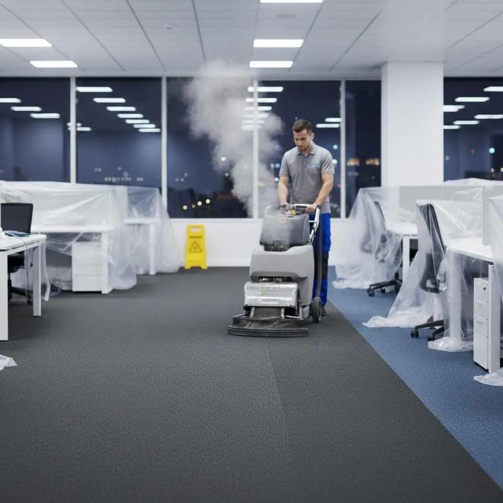 Technician performing hot water extraction on office carpet