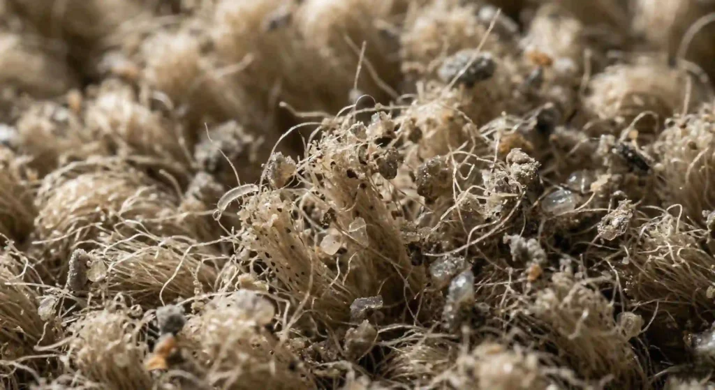  carpet fibers showing trapped dust particles close-up.
