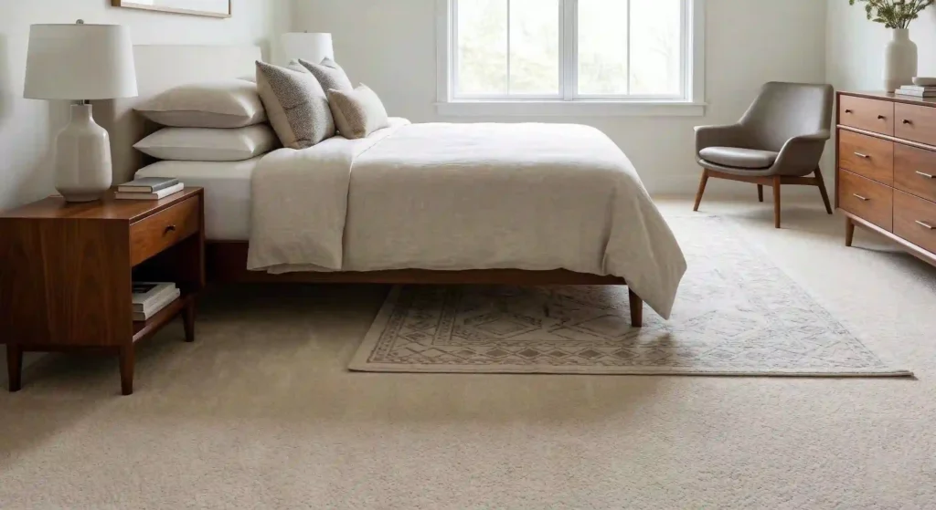 clean bedroom carpet with neatly arranged furniture.