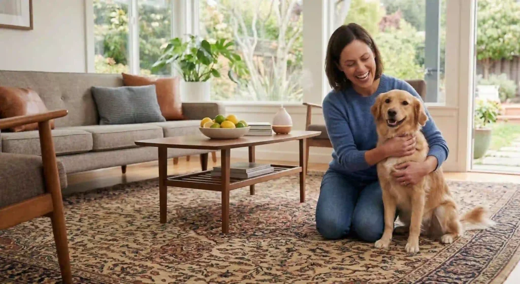 happy pet owner with a clean, fresh living room.