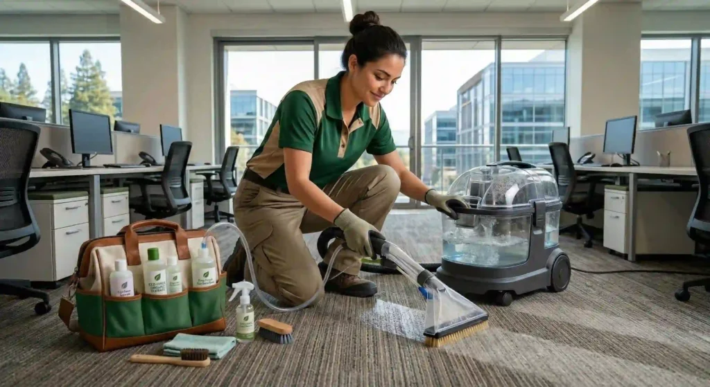 technician cleaning carpet in a Redwood City office space