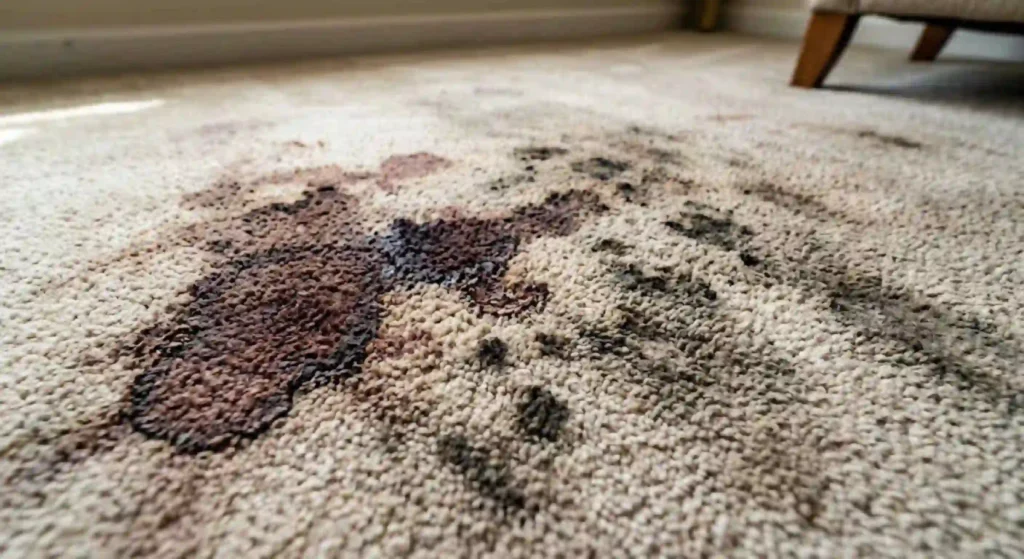 heavily stained carpet before cleaning