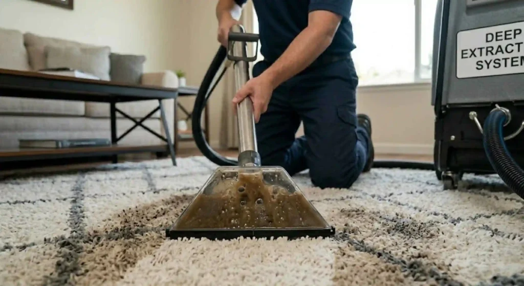 Extraction machine removing dirty water from carpet