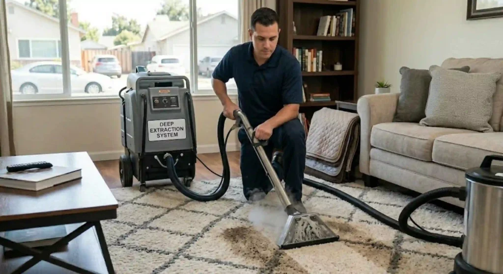 Technician performing steam carpet cleaning in a living room