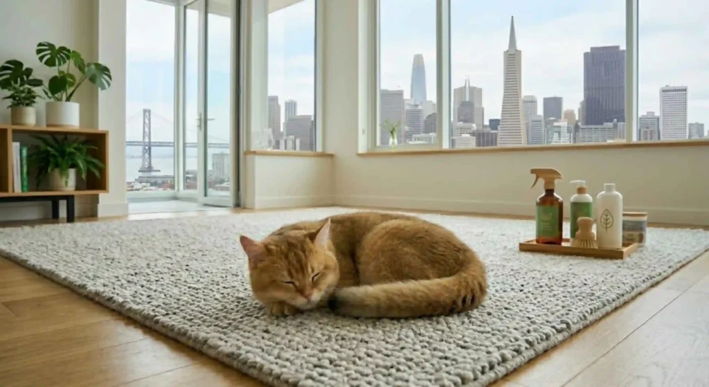 pet lying comfortably on freshly cleaned carpet