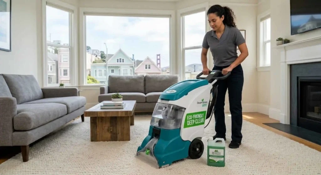 Eco-friendly deep carpet cleaning in San Francisco home living room