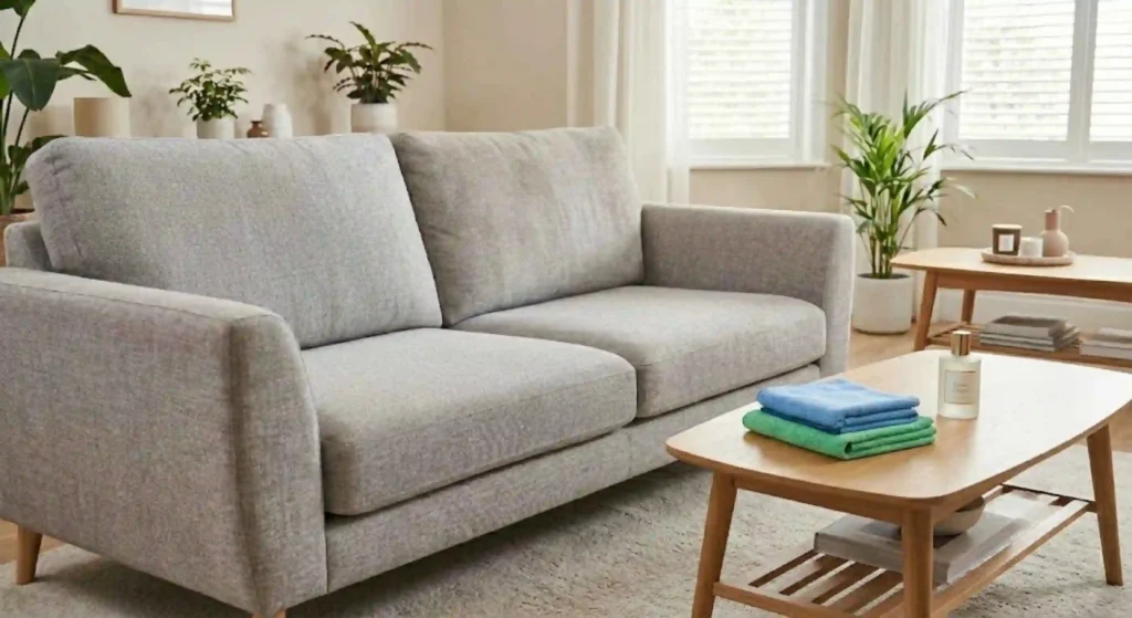 Fresh clean sofa after professional upholstery care service