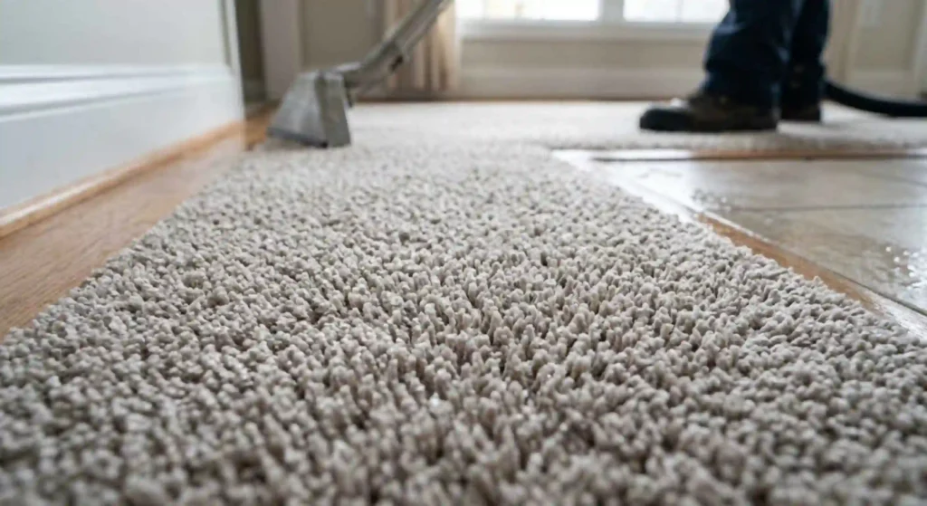 Freshly cleaned carpet fibers after professional extraction cleaning
