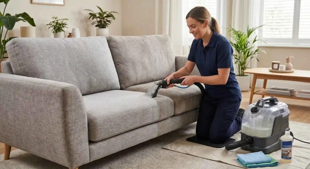 Professional upholstery cleaning service restoring fabric sofa