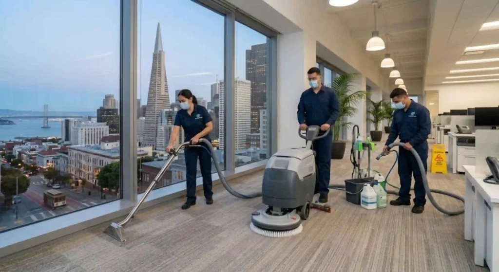 Commercial carpet cleaning team working in a San Francisco office