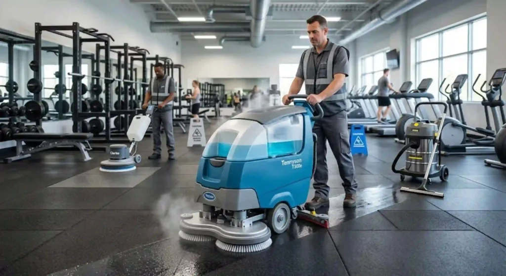 Professional equipment cleaning commercial rubber gym flooring
