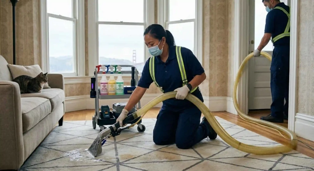 Technician using professional equipment for pet urine removal in San Francisco