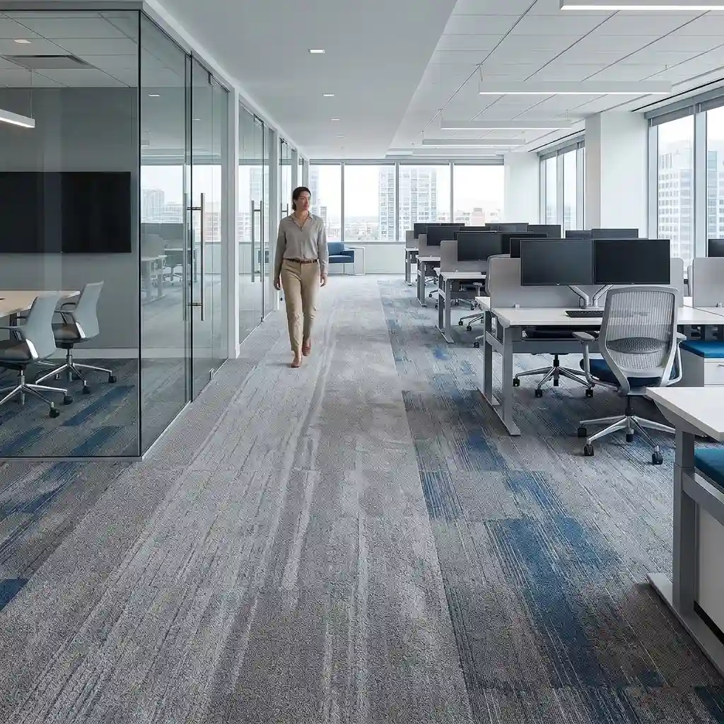 Freshly cleaned commercial carpet in a professional office environment