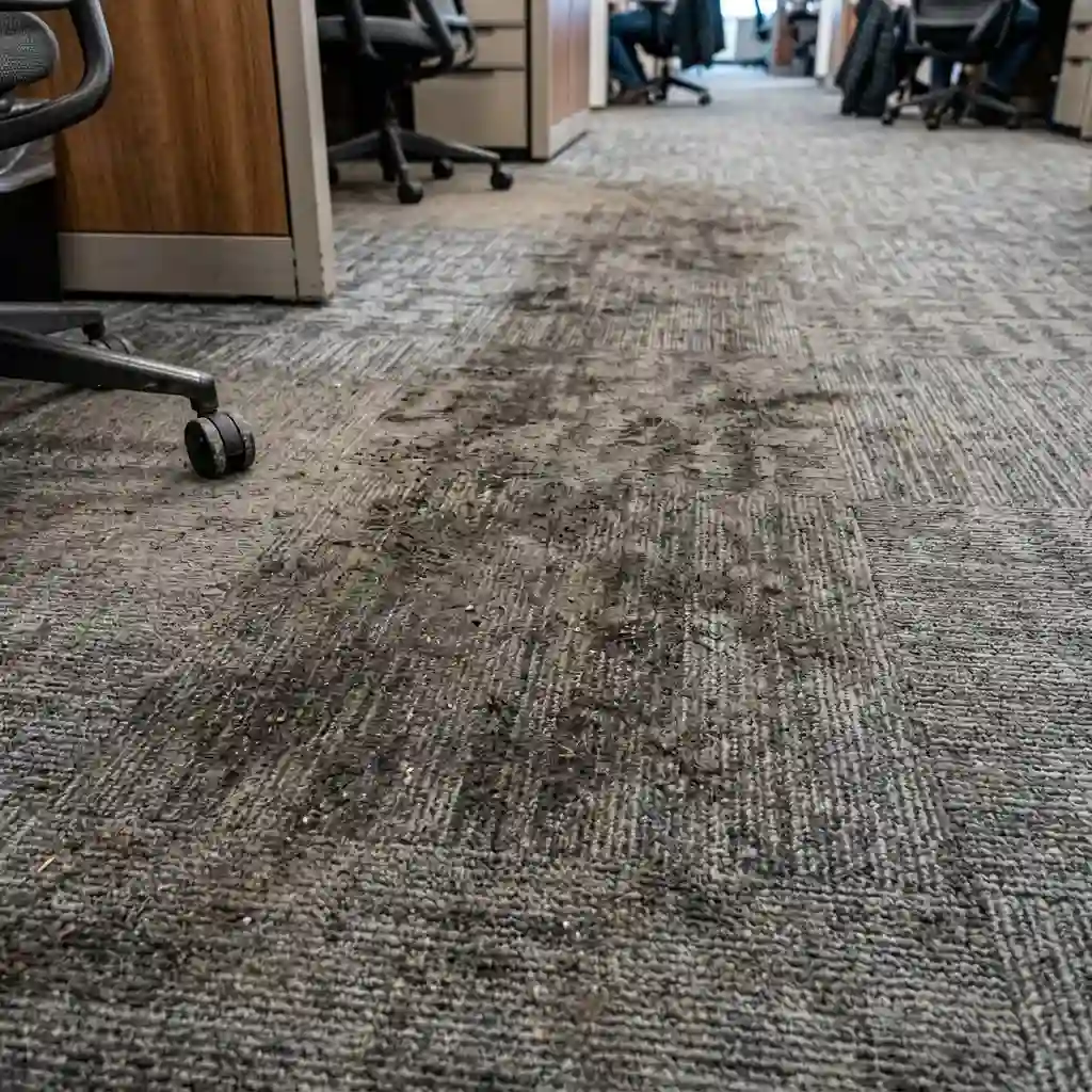 High-traffic commercial carpet with embedded dirt before professional cleaning