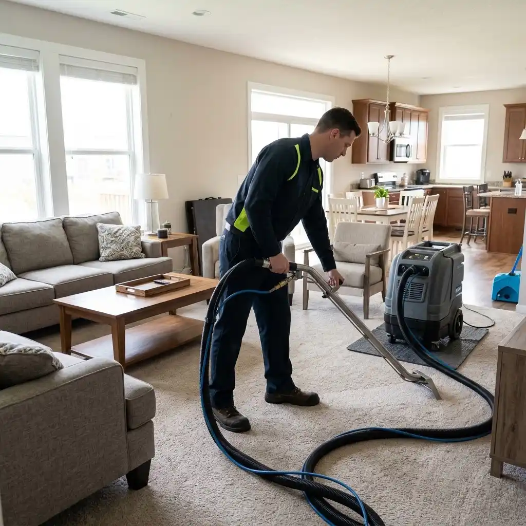 Professional carpet extraction equipment removing embedded dirt from rental property flooring.